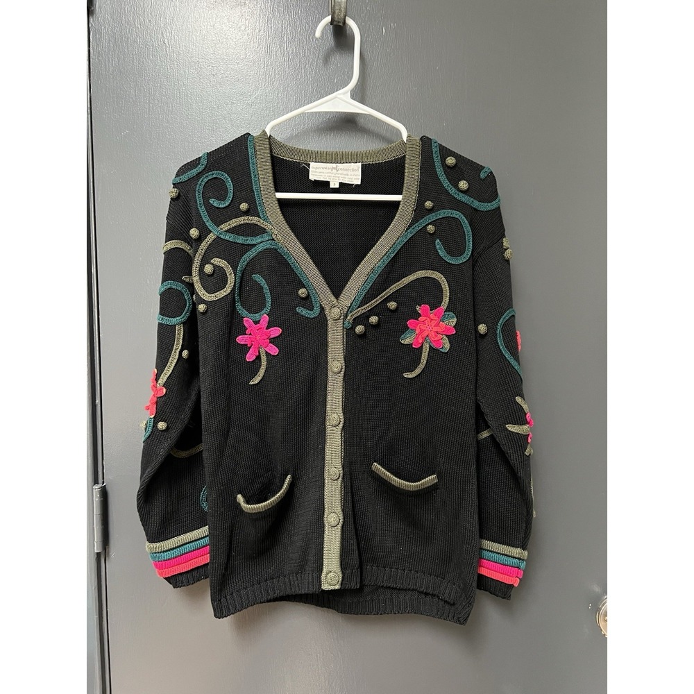 Peruvian Connection 100% Pima Cotton Knit Cardigan Black + Embellishments - PS